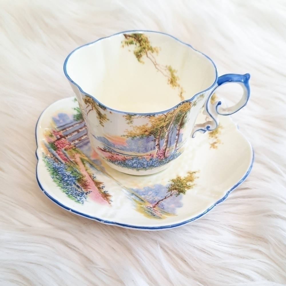Vintage Aynsley Embossed Scalloped Bluebell Time Bone China Teacup and Saucer